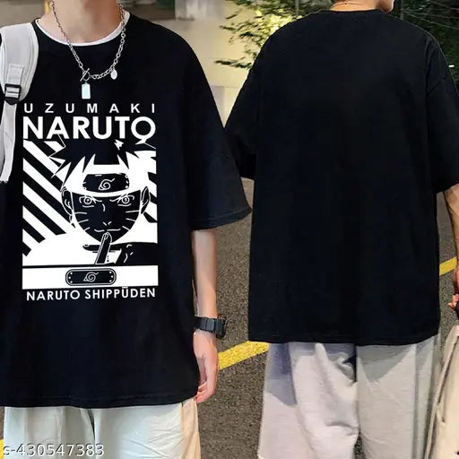 Men's black cotton blend oversized round neck half sleeve graphic printed t-shirt with teddy bear design, expressing love for anime