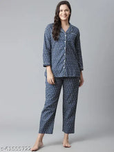 Divena Indigo Printed Cotton Nightsuit: Vibrant indigo-colored, collared cotton pyjamas with side slits - Indian-made, suitable for all seasons