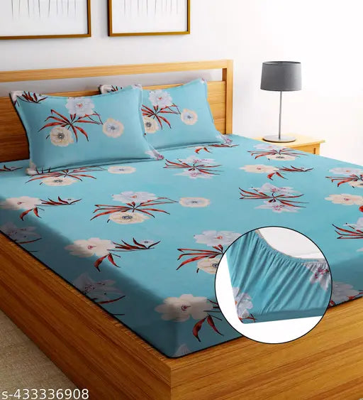 Microfiber botanical printed, superfine elastic moonroof fitted bedsheet for double king size room, includes 2 pillow covers - made in India