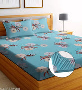 Microfiber botanical printed, superfine elastic moonroof fitted bedsheet for double king size room, includes 2 pillow covers - made in India