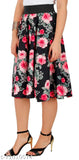 Grace Diva pink rose black base navy blue floral print mid-calf length polyester skirt combo with black elasticated belt, size 26, 28, 30, 32, 34