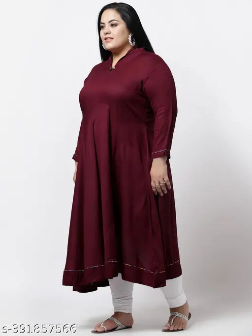 Maroon rayon Plus Size straight V-neck kurti, three-quarter sleeves. Ideal for Indian fashion wear