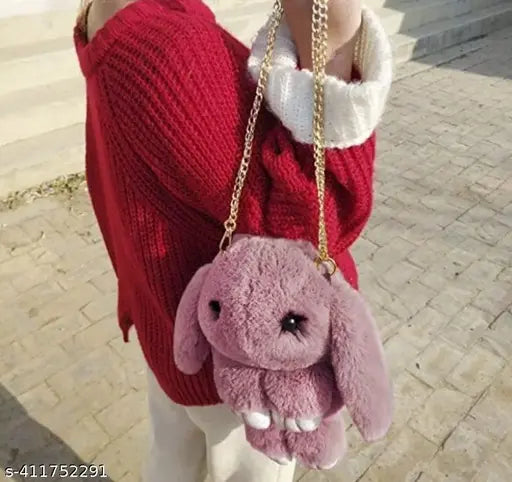 Soft synthetic bunny sling bag with adjustable strap and smooth zipper for girls - India, adorable kids accessory