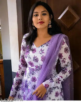 White silk gorgetee gown with printed net dupatta, Indian bridal wear for women