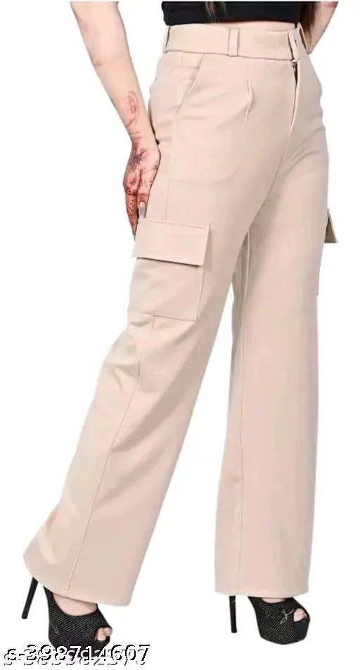 High waist, solid color, denim/cotton blend cargo jeans for women & girls - sturdy, breathable, trendy design with three pockets, zipper closure, and belt loops
