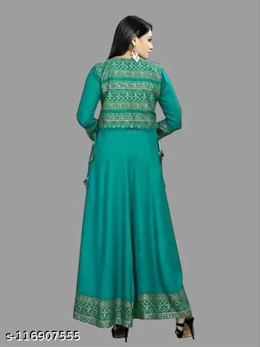 Rama green Rayon Anarkali kurti, three-quarter sleeve ethnic women's jacket with lace border, India