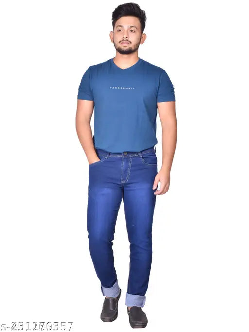 Men's solid denim slim fit stretchable jeans for a modern look, ideal for casual wear. Available in sizes 28-42, origin India