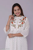Embroidered cotton long Anarkali kurti for women, three-quarter sleeves, single size S (Bust 20in, Len 20in), Indian embroidered clothing