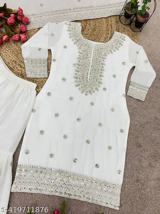 Trendie Perite silk women's kurta and dupatta set, embellished three-quarter sleeve kurti with sequin bottomwear and matching dupatta, ready to wear Indian fashion