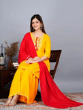 Rayon women's yellow and red Kurta set with Sharara and dupatta, featuring three-quarter sleeves and embroidered embellishments. Hand wash only, suitable for various occasions
