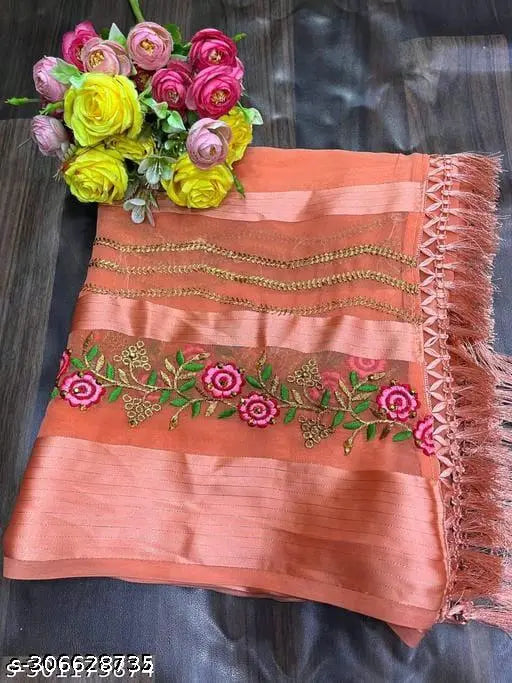 Embroidered Georgette saree with satin patta and net pattern, pure and soft chiffon fabric for traditional Indian women, available in 6 vibrant colors (5.5m length, free size)