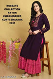 Purple embroidered rayon kurta with sharara, intricate design on display