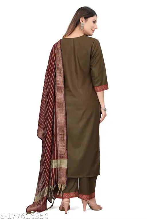 Indoethnic women's cotton kurta and pant set with dupatta, solid-colored traditional Indian attire featuring three-quarter sleeves
