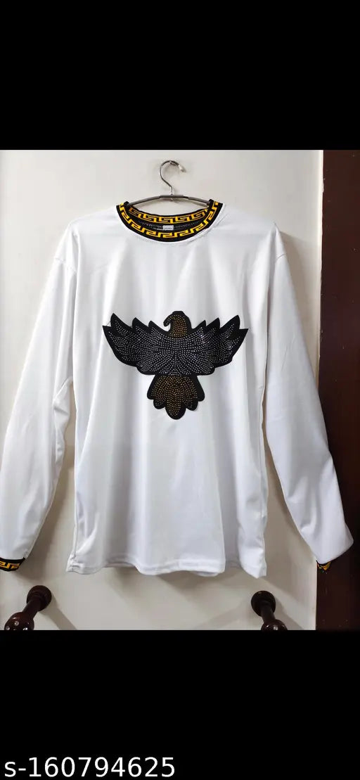 Men's stylish white eagle T-shirt, long sleeves with printed pattern, polyester fabric, size M/L, made in India