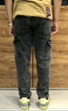 Loose-fit denim oversized men's jeans, dyed/washed six pocket style. Urban fashion, casual bottoms with roomy fit. Indie style trousers, vintage inspired. Sizes: 28 (Waist 28in, Length 42in, Hip 38in), 30-34 (Corresponding sizes given). Made in India