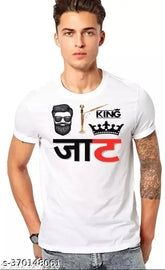 Striped polyester Jaat King t-shirt with short sleeves, white print on chest, India origin