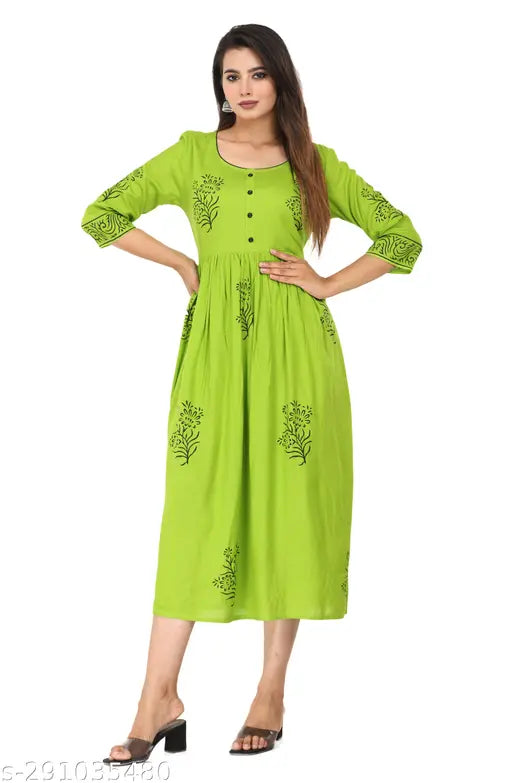 Lightweight, breathable rayon Anarkali kurta in printed combo - daily wear, home washable, suitable for S-XXXL bust sizes (38in-44in)