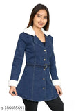 Dark blue denim jacket, long sleeves, winter wear for women and teens, fur detail, gentle wash