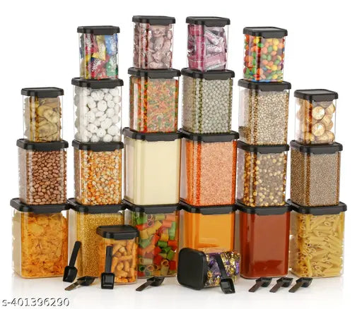 Black plastic multipack of grocery containers (1400ml, 950ml, 650ml, 350ml) with 16 spoons - trendy kitchen storage solution