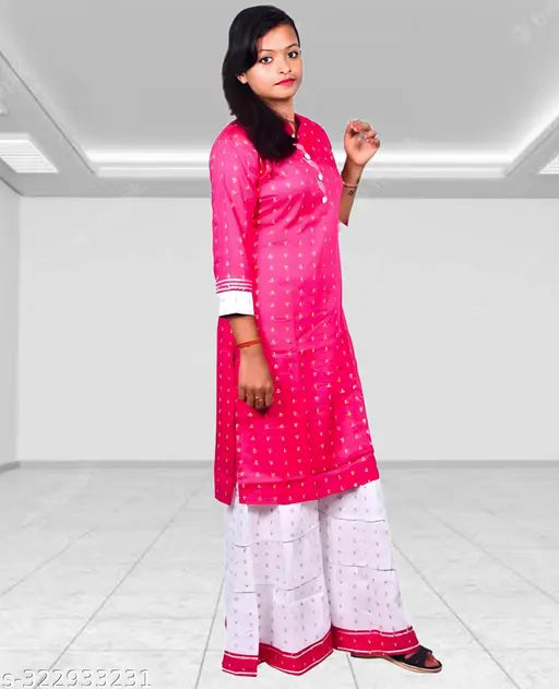 Rayon sharara kurta sets for kids, featuring self-design and three-quarter sleeves. Colorful Indian outfits available in various sizes from 7-8 to 13-14 years old