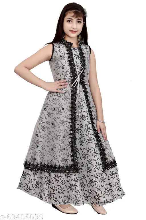Silk sleeveless maxi dress, printed net festive wedding gown for kids girl, India origin