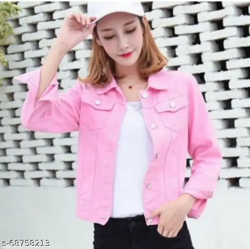 Denim solid pink women's jacket & waistcoat for fancy parties, size S (34in bust, 18in length)