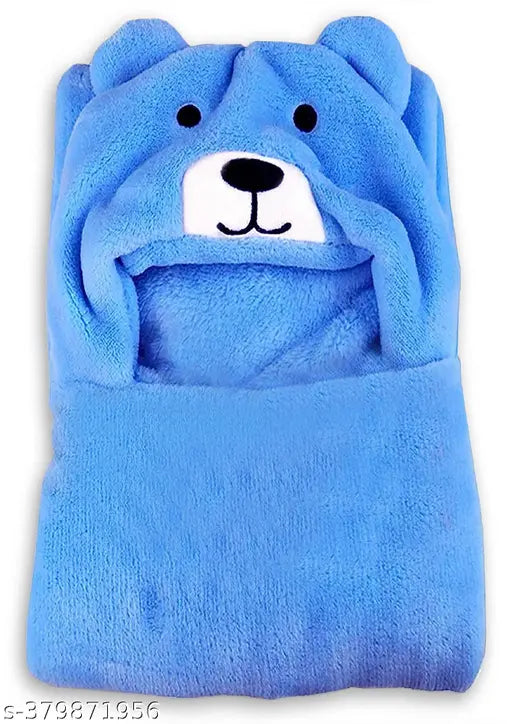 Blue fleece hooded baby blanket (86 x 82 CM), ideal for newborns, featuring an animal design and easy-to-wrap style for bath time security. Soft, safe, and durable, perfect as a gift for new parents. Made in India