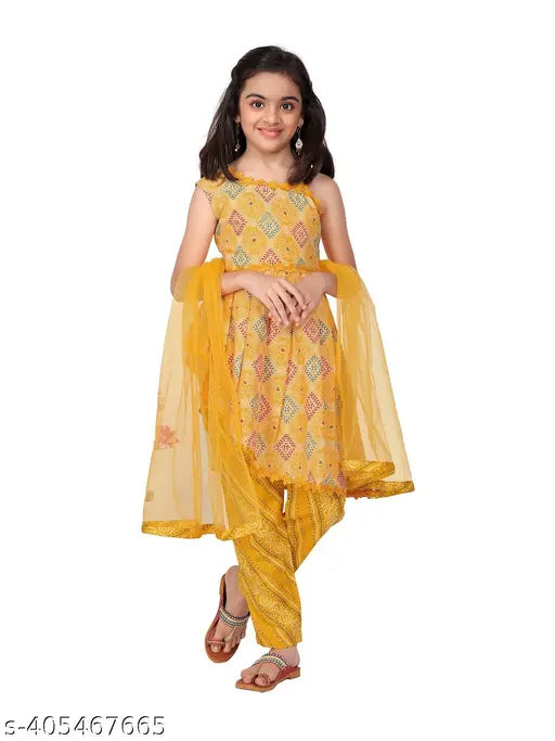 Cotton girls top bottom set with dupatta, printed sleeveless design in checked net, 4-13 years, made in India