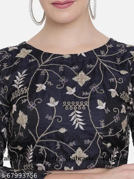 Fancy satin Lehenga set: embroidered art silk top & poly silk bottom, net dupatta, semi-stitched (38in waist, 42in length), ready to ship