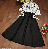New black crepe floral print maxi dress for girls, round neck, high-quality designer party wear