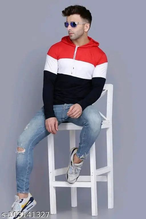 Cotton color-block hooded t-shirt for men, Indian gymwear with long sleeves