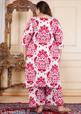 Plus-size floral printed rayon kurta and palazzo set, featuring three-quarter sleeves and vibrant blooms