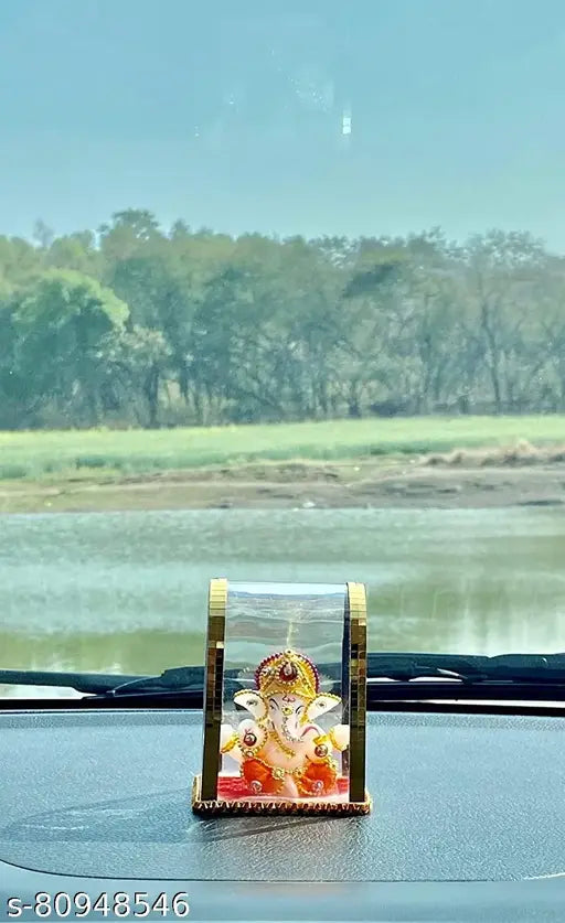 Poly Resin Ganesh Idol in Glass Box (1 Piece). Handcrafted Indian decor showpiece featuring Lord Ganesha figurine, perfect for home or office