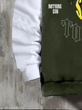 Olive & white cottonblend slim fit T-shirt for men, printed design on full sleeve and hooded neck