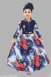 Self-designed crepe Nevy long gown for girls, Indian handcrafted fashion for 12-9 years