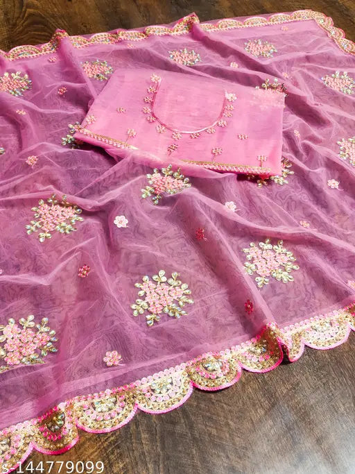 Heavy net fabric embroidered party wear saree with diamond work, Indian wedding saree