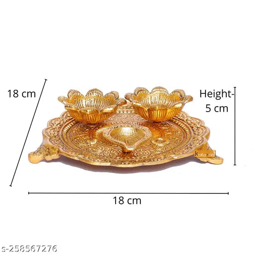 Brass pooja thali set with 3 diya, traditional Indian handicraft for home, kitchen, office, or gift (1 piece). Handcrafted brass plate features a swastik and floral design. Dimensions: L-B-H-18x18x4 cm