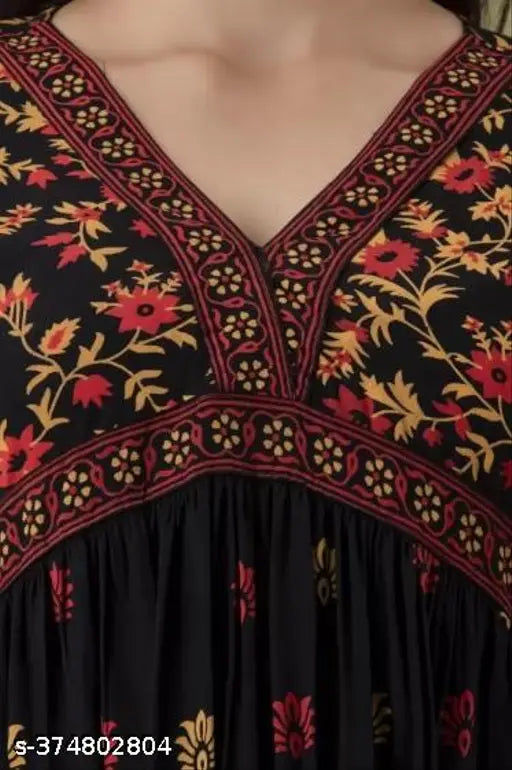 Trendy black rayon Anarkali kurti, floral printed for women's party wear gown. One piece from India