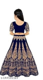 Blue velvet lehanga choli set, semi-stitched net dupatta with dyed/washed patterns for kids aged 6-7 years