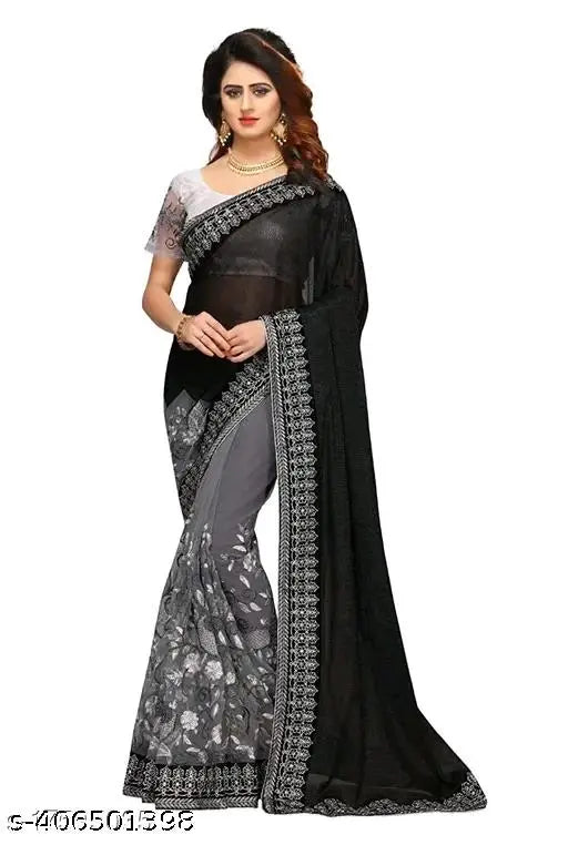Fancy Chikankari Silk Saree with Separate Blouse, Indian net fabric, printed pattern
