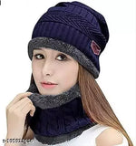 Blue woolen beanie hat with balaclava, scarf, for unisex winter wear - Indian-made soft textured knit