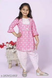 Pure cotton baby girls' Sanganeri printed kurti dhoti set, anarkali style with three-quarter sleeves, India origin