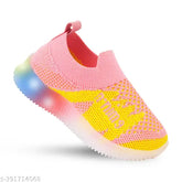 Fashionable LED light shoes for kids, age 18 months to 6 years, polyester/PVC, vibrant design, slip-on style, flyknit upper, soft lining, various sizes available from India