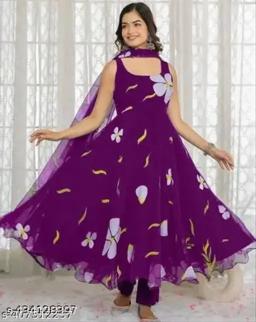 Purple Georgette gown with big flower print, suitable for all body types