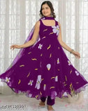 Purple Georgette gown with big flower print, suitable for all body types