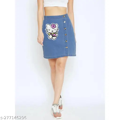 Denim self-design net modern women's western skirt, good quality and genuine product for fashionable outfits. Available in sizes 26, 28, 30 (waist 26/28/30 in, length 19 in). Made in India