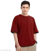 Maroon oversize cotton blend T-shirt, solid net, three-quarter sleeves - men's fashion essential for casual wear