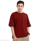 Maroon oversize cotton blend t-shirt, solid net, three-quarter sleeves - men's fashionable top wear option in various sizes