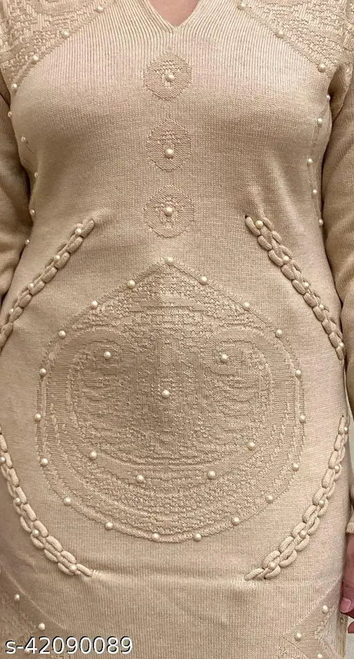 Beige wool A-line solid kurti for women, long sleeves, single color, XL (bust 42in, length 44in), Indian handcrafted woolen attire