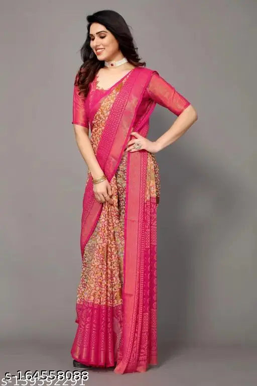 Multicolor chiffon saree with unstitched blouse, trendy Indian ethnic wear featuring zari woven net print